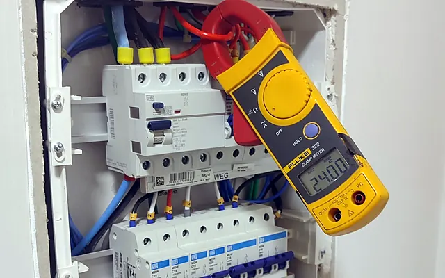 Tomada esquentando ou derretida: o que fazer (e o que não fazer) — Medição de corrente com alicate amperímetro em quadro de distribuição durante inspeção elétrica